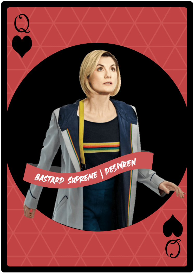 Playing card queen of hearts with the 13th Doctor from Doctor Who and sash that reads Bastard Supreme | DesWren