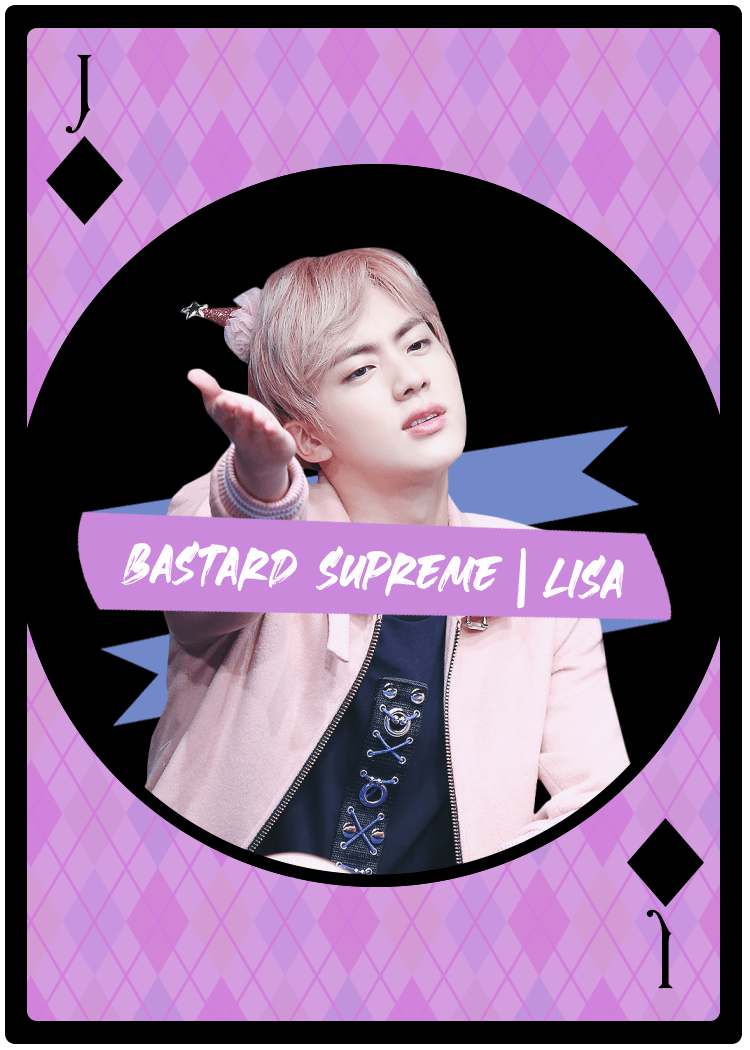 Playing card Jack of diamonds with Seokjin from BTS with pink hair motioning toward the camera that reads Bastard Supreme | Lisa