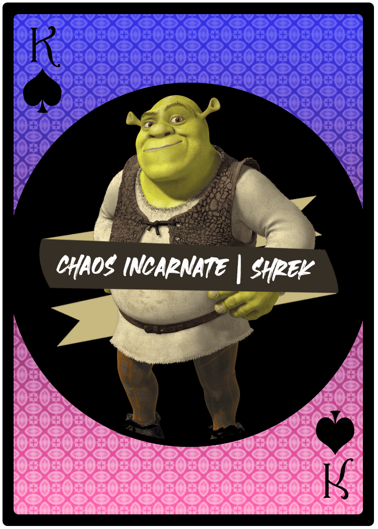 Playing card King of Spades with smiling handsome Shrek from Shrek that reads Chaos Incarnate | Shrek - he also has a bisexual gradient background because he's bishreksual.