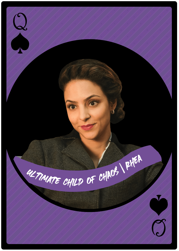 Playing card queen of spades with Zari Tarazi from I am legends (Legends of Tomorrow) and sash that reads Ultimate Child of Chaos | Rhea